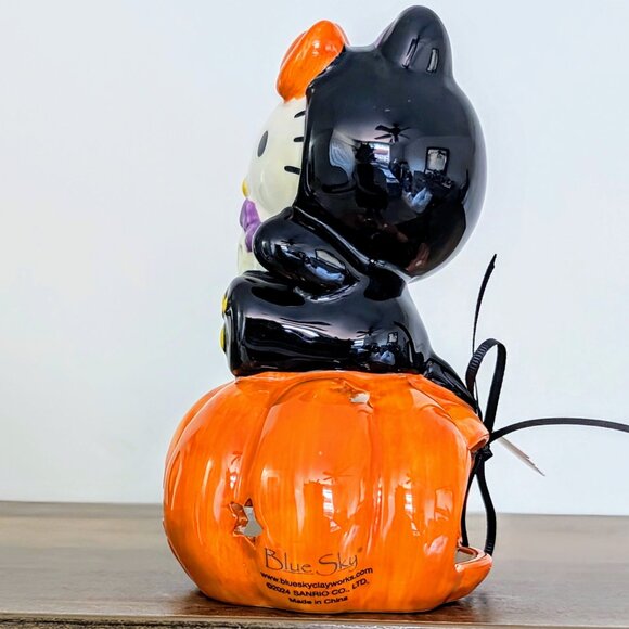 Blue Sky Clayworks Black Cat Costumed Hello Kitty on Jack-O-Lantern Tealight NWT - Picture 6 of 7